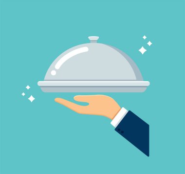 Cloche 'lu garson. Gıda servis vektörü illüstrasyonu EPS10