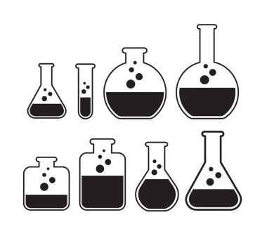 Sıvı dolu bir laboratuvar seti. Kimya şişeleri