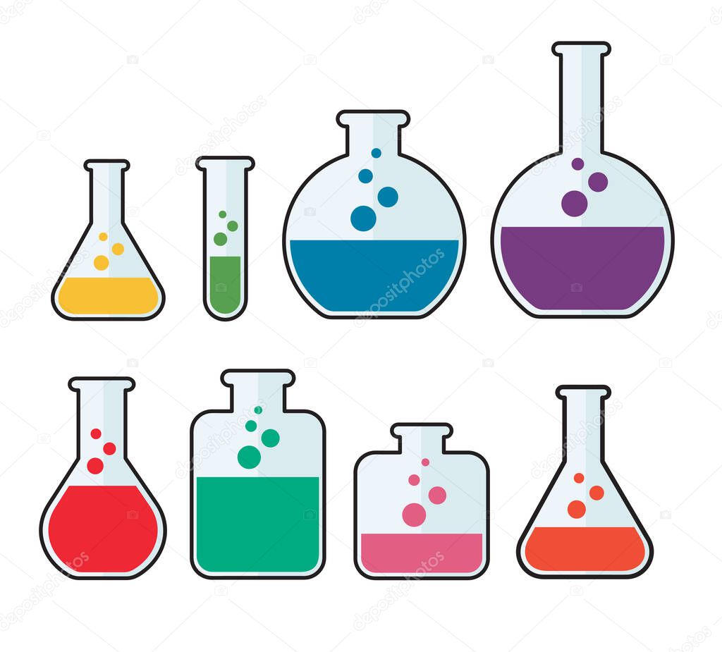 set of laboratory filled with liquid. chemistry flasks