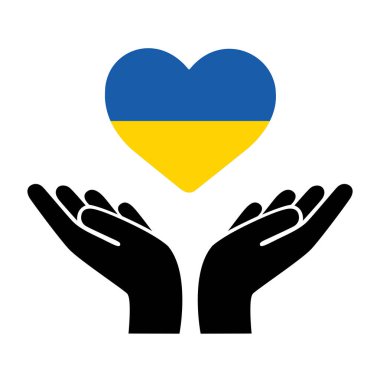 Ukrayna bayrağını taşıyan eller kalp şeklindeki vektör illüstrasyonunda