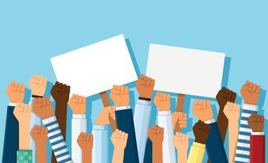 Havada yükselen bir grup yumruk. Hava vektörü illüstrasyonunda bir grup protestocu yumruğunu kaldırdı