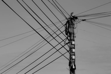 Bir sürü kabloyla iletim ahşap direği, Braga, Portekiz.