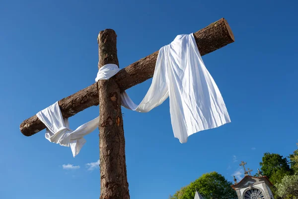 Cruz Madera Con Pañuelo Blanco Durante Semana Santa 2022 Santuario — Foto de Stock