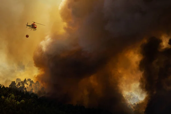 Rufa Eurocopter 350B3 Bombero Arrojando Agua Incendio Forestal Durante Día — Foto de Stock