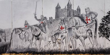14 August 2022, Street art mural of Templars Knights during the Medieval Event 
