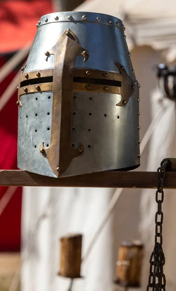 Details of an Ancient Knight Helmet, made with Steel, Santa Maria da Feira, Portugal.