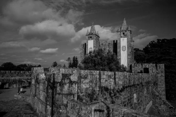 Zamek Santa Maria Poziome Ujęcie Czarno Białe Santa Maria Feira — Zdjęcie stockowe