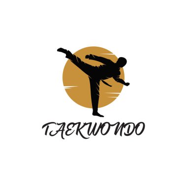 Tekvando logo şablonu. Dövüş sanatları rozeti. Spor müsabakaları, yarışmalar, turnuvalar için amblem. Bir adamın silueti.