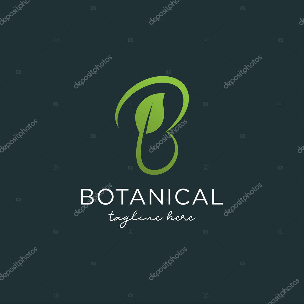Green leaf and letter B monogram logo design vector.
