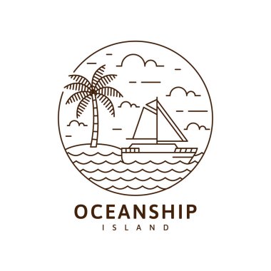 Ada ve yelkenli teknesi illüstrasyon monolini veya çizgi sanat stili, ada, deniz, hindistan cevizi ağaçları, gökyüzü bulutları vektör tasarımı illüstrasyonu