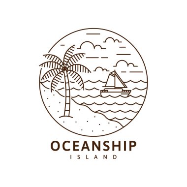 Plaj ve yelkenli teknesi illüstrasyonu ya da çizgi çizimi sanat tarzı, plaj, deniz, hindistan cevizi ağaçları, gökyüzü bulutları vektör tasarımı illüstrasyonu