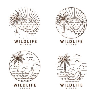 Koleksiyon plajı ve balina illüstrasyonu monolini veya çizgi sanat tarzı vektör tasarımı