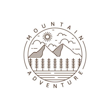 Dağ macerası açık hava tekeli ya da çizgi sanat stili, dağ, ağaç, bulut gökyüzü güneş vektörü illüstrasyonu