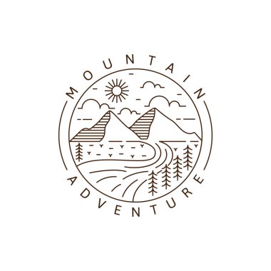 Dağ macerası açık hava tekeli ya da çizgi sanat stili, dağ, ağaç, bulut gökyüzü güneş vektörü illüstrasyonu