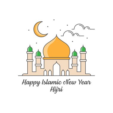 Mutlu yıllar hijri monolini ya da çizgi sanatı, cami, ay vektör çizimi
