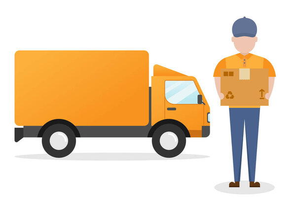 Доставка, упаковка для курьерской доставки и векторная иллюстрация конструкции грузовика