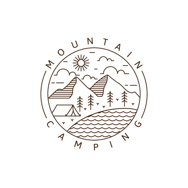 Montaña Camping Monoline Estilo Arte Línea Montaña Tienda Árbol Lago — Vector de stock