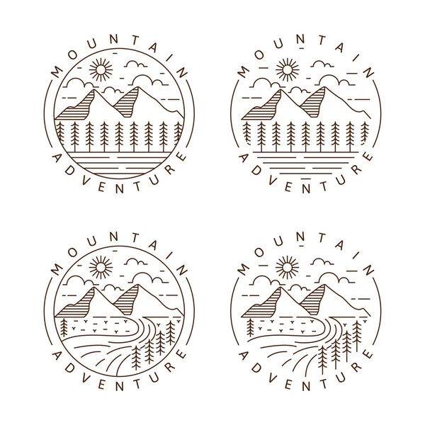 Set Montagna Avventura All Aperto Monoline Line Art Style Montagna — Vettoriale Stock