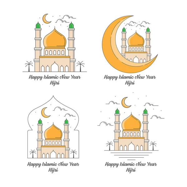 Mutlu bir İslami Yeni Yıl seti hijri monolini ya da çizgi sanatı tarzı, cami, ay vektör çizimi