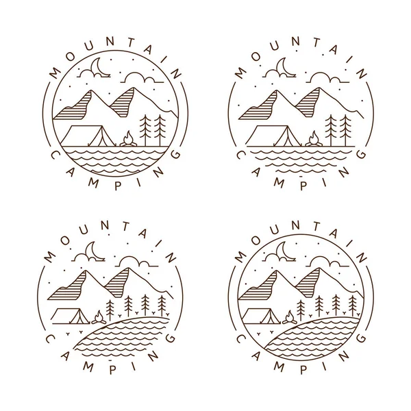 Logotipo Camping Ilustración Estilo Monolina Línea Arte Tienda Montaña Fuego — Vector de stock