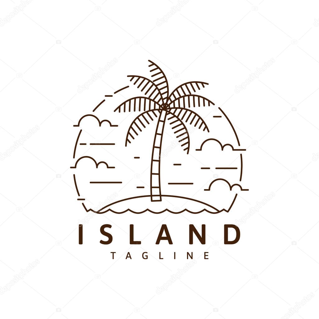 Island illustration monoline or line art style, beach, sea, coconut trees, sky clouds vector design illustration