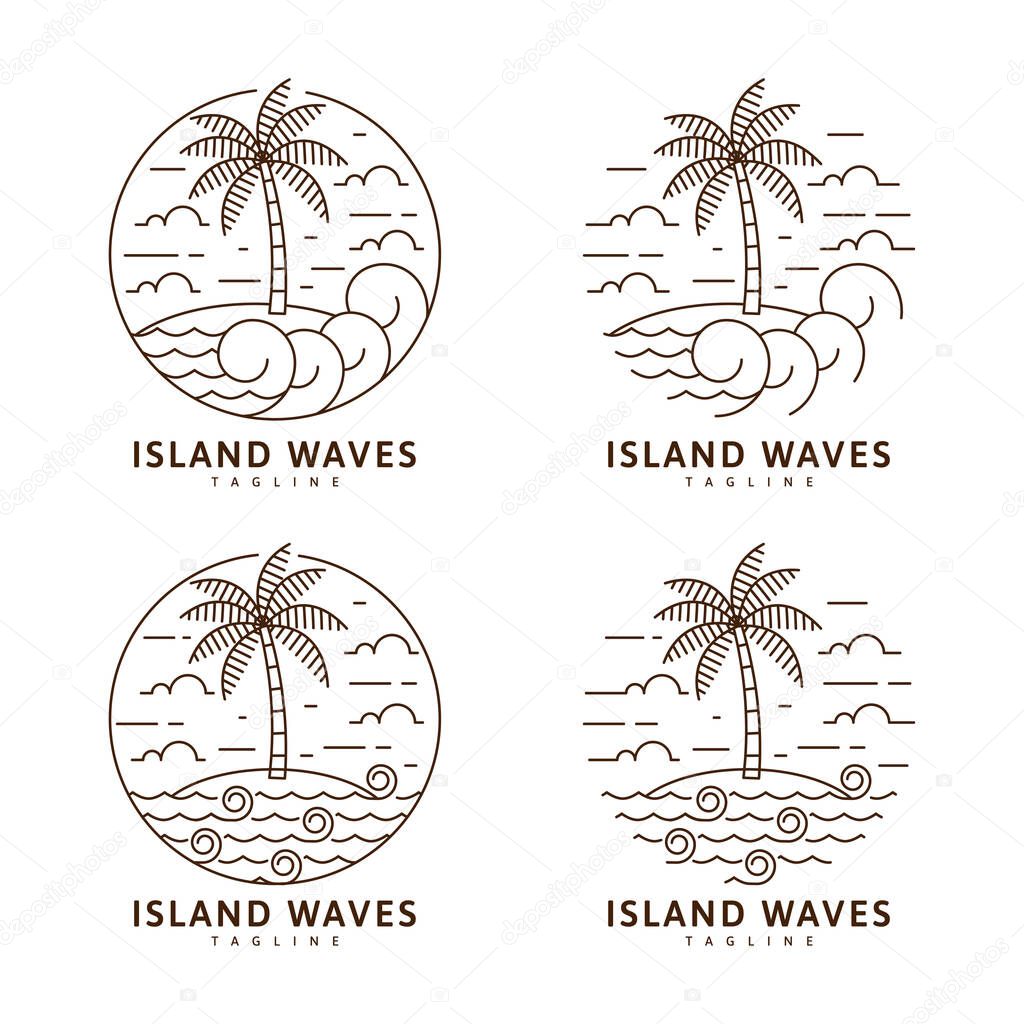 Collection island and wave illustration monoline or line art style vector design