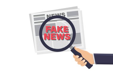 Sahte haber vektörü tasarımı illüstrasyonu arayan bir büyüteç tutan el.