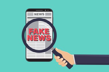 Akıllı telefon vektör tasarımı illüstrasyonunda sahte haber aramak için bir büyüteç tutuyorum.