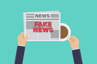 Eller gazeteleri tutuyor ve sahte haber vektörü tasarımı resimlerini okuyor.