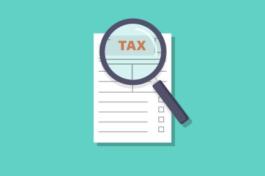 Vergi vektör tasarımı illüstrasyonu, vergi formu ve büyüteç