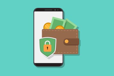 e cüzdan vektör tasarımı illüstrasyon, cüzdan, akıllı telefon, kalkan, asma kilit