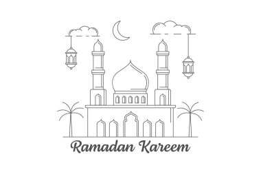 Ramazan kareem vektör tasarımı illüstrasyon monolin veya çizgi sanat tarzı, cami, fener, ay, bulut