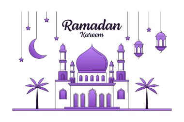 Ramazan kareem vektör tasarımı illüstrasyon monolin veya çizgi sanat tarzı, cami, fener, ay