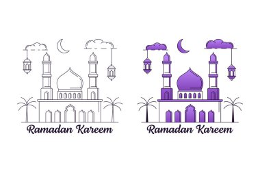 Ramazan kareem vektör tasarımı illüstrasyon monolin veya çizgi sanat tarzı, cami, fener, ay, bulut