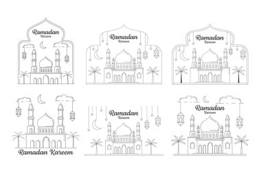 Ramazan kareem vektör tasarımı illüstrasyon monolin veya çizgi sanat tarzı, cami, fener, ay