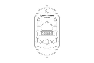 Ramazan kareem vektör illüstrasyonu monolin veya çizgi sanatı, cami, ay