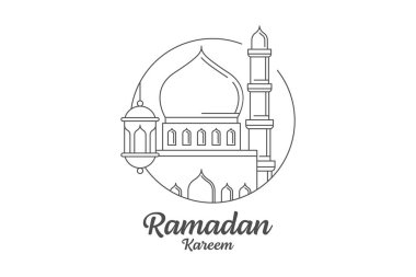 Ramazan kareem vektör illüstrasyonu monolin veya çizgi sanat tarzı, cami, fener, ay