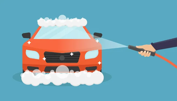 Autowäsche Vektor Illustration Auf Blauem Hintergrund Hand Hält Wasserspray Und — Stockvektor