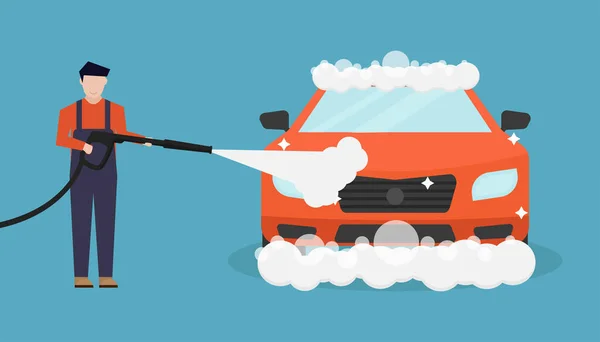 Biltvätt Vektor Illustration Blå Bakgrund Röd Bil Som Tvättas Med — Stock vektor