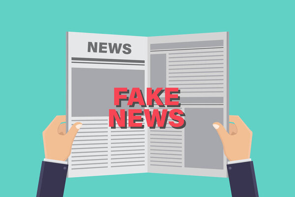 Hands holding newspapers and reading fake news vector design illustration