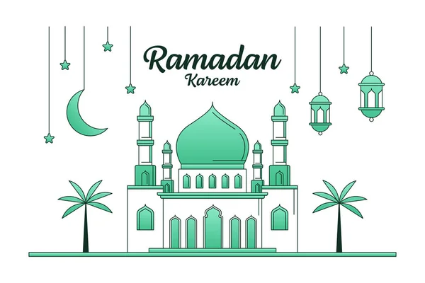 Ramazan kareem vektör tasarımı illüstrasyon monolin veya çizgi sanat tarzı, cami, fener, ay