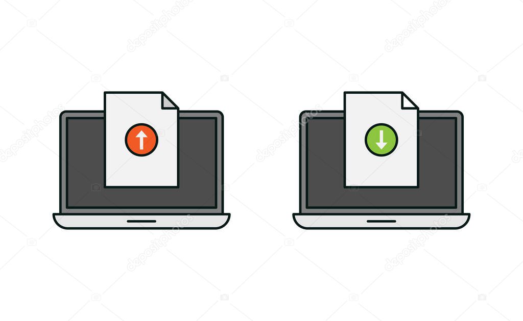 Laptop and document upload download icon vector design