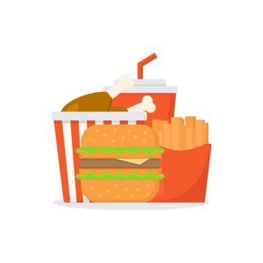 Abur cubur, hamburger, patates kızartması, kızarmış tavuk, soda vektör tasarımı çizimi