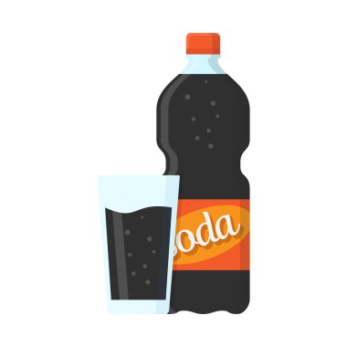 Gazoz içeceği, soda şişesi ve soda dolu düz tasarım vektör çizimi.
