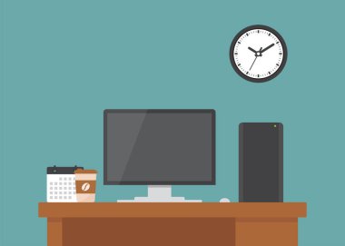 Bilgisayar masası düz tasarım vektör çizimi