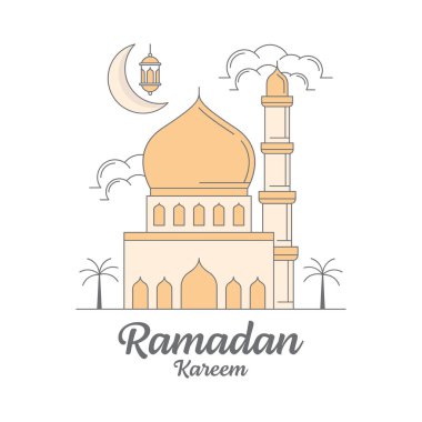 Ramazan kareem çizgisi sanat vektör şablonu, cami, ay, fener