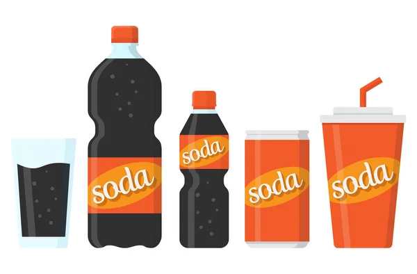 Gazoz, soda, soda, bardaklar, şişe, soda kutusu, kağıt soda bardağı, düz tasarım illüstrasyon