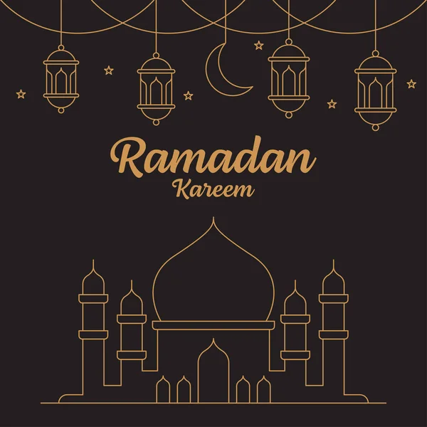 Ramadan Kareem Linha Arte Vetor Modelo Design Mesquita Lua Lanterna —  Vetores de Stock