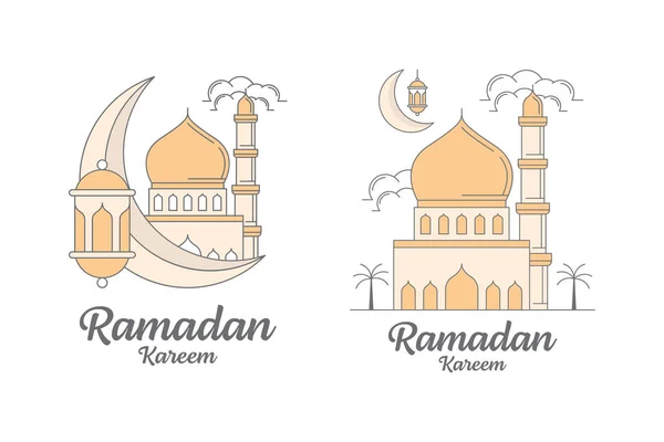Ramadan Kareem Linha Arte Vetor Modelo Design Mesquita Lua Lanterna — Vetor de Stock