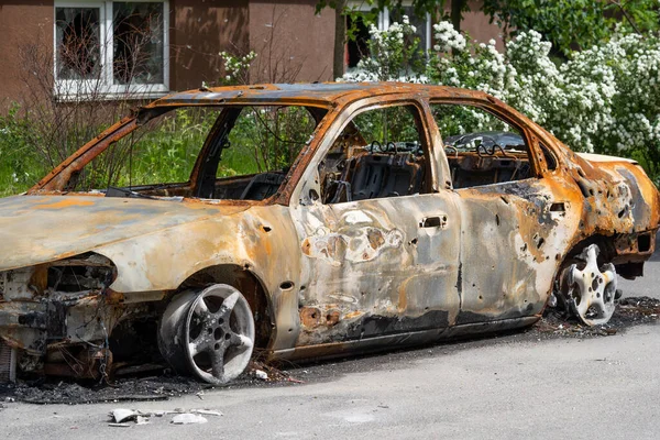 Burnt out car crash after fire. Close-up